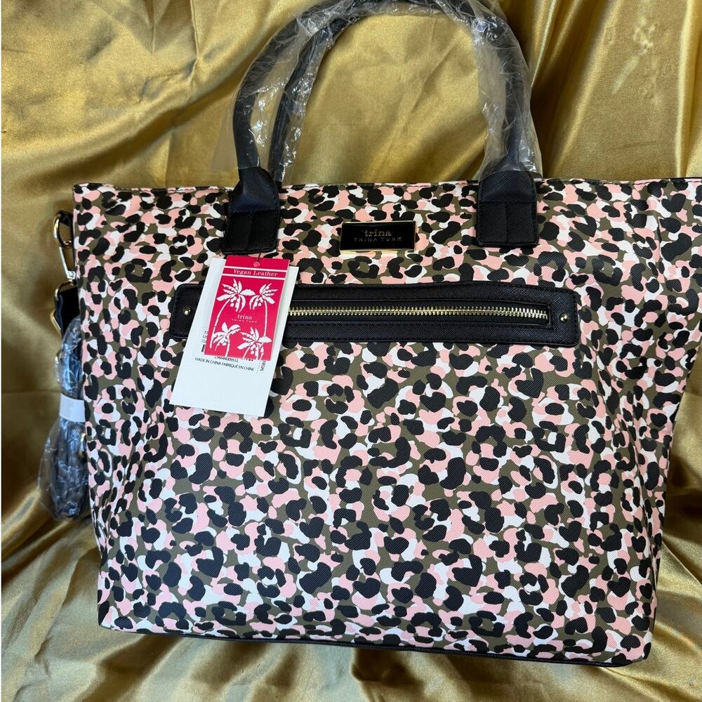Trina Turk Leopard Print Tote Bag Pink Olive Black NWT Adjust Strap Travel Bag